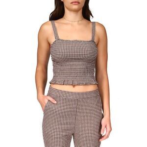 Sanctuary Westside Check Smocked Crop Camisole In Chocolate Gingham - M
